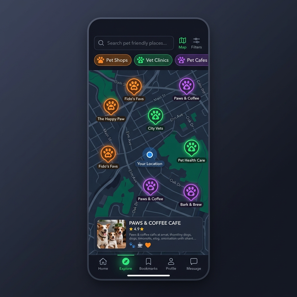Mapa interactivo pet-friendly de la aplicación Apetepet para localizar clínicas veterinarias, parques y cafeterías